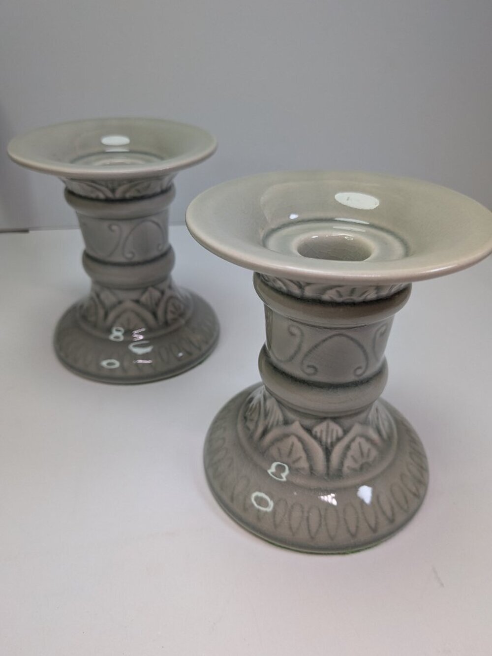 Pair Sage Green Celadon Crackle Glaze Ceramic Pillar Candle Holders 5.5"
